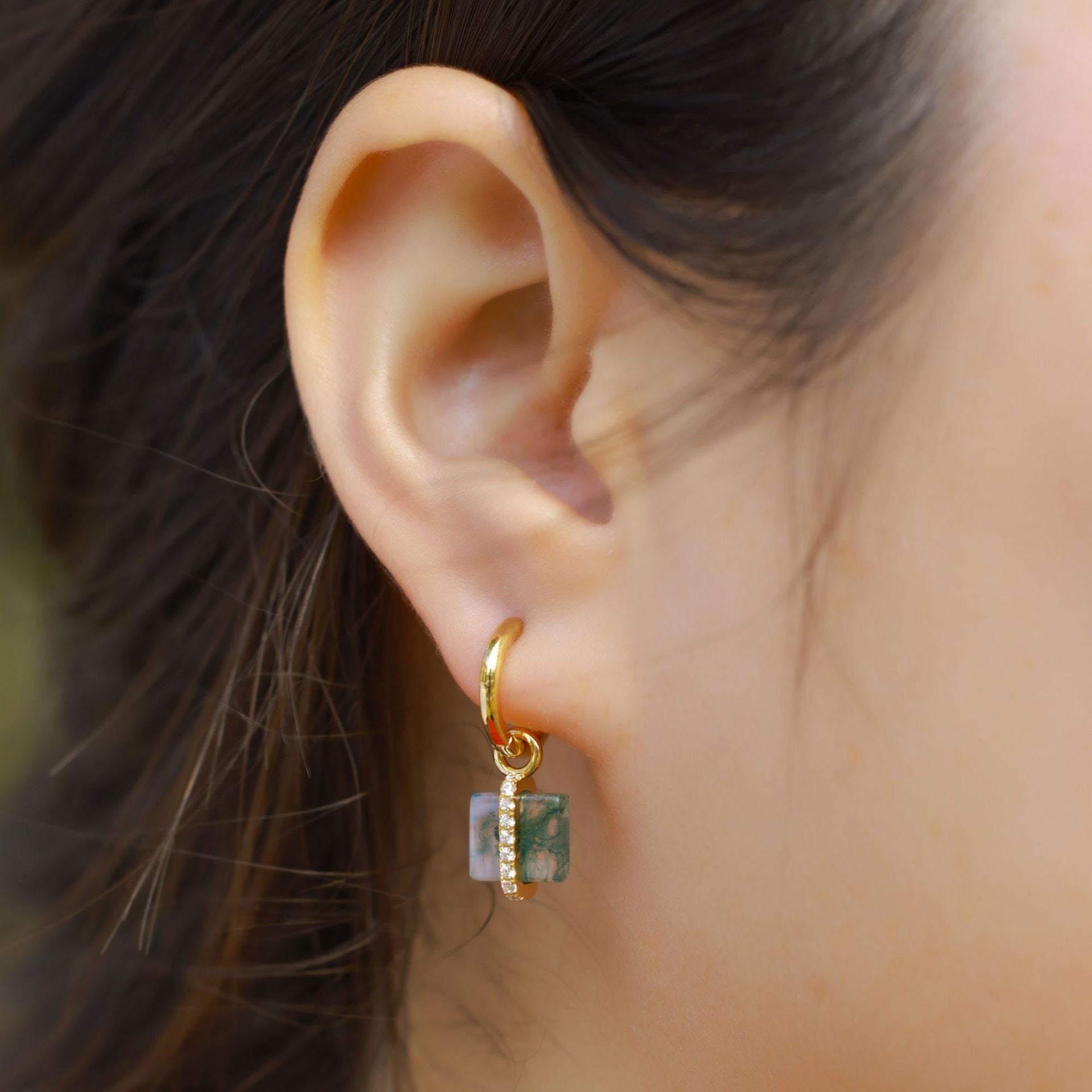 Green Moss Agate Earrings • Natural Square Stone