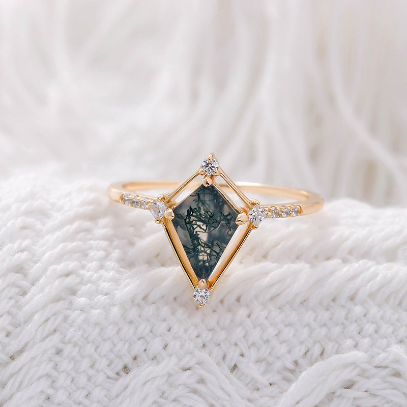 Vintage Kite Cut Green Moss Agate Engagement Ring