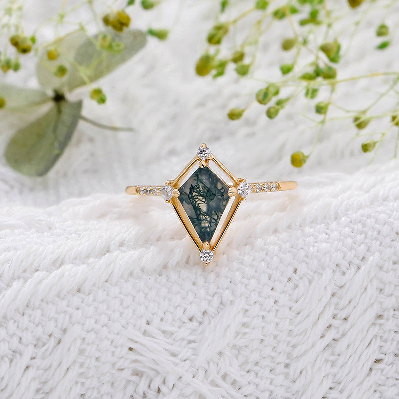 Vintage Kite Cut Green Moss Agate Engagement Ring