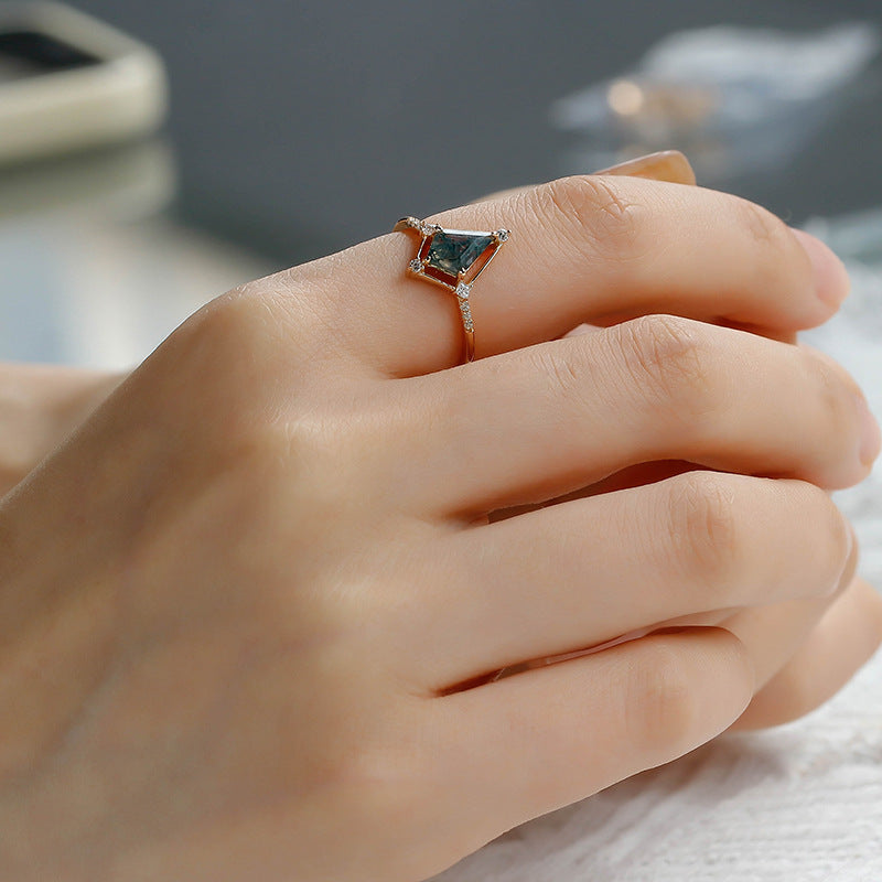 Vintage Kite Cut Green Moss Agate Engagement Ring
