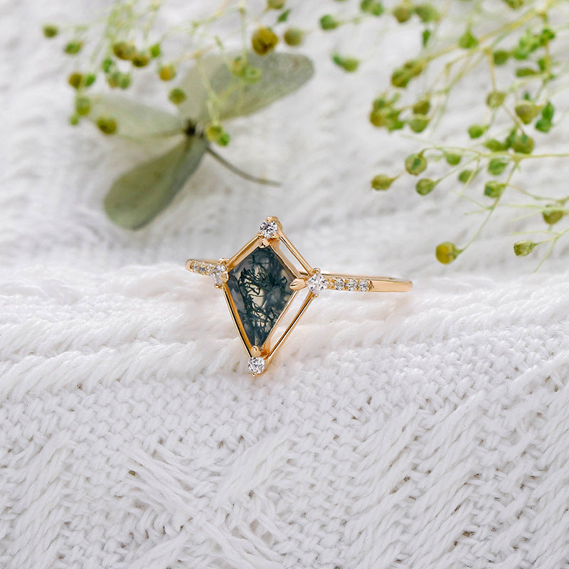 Vintage Kite Cut Green Moss Agate Engagement Ring