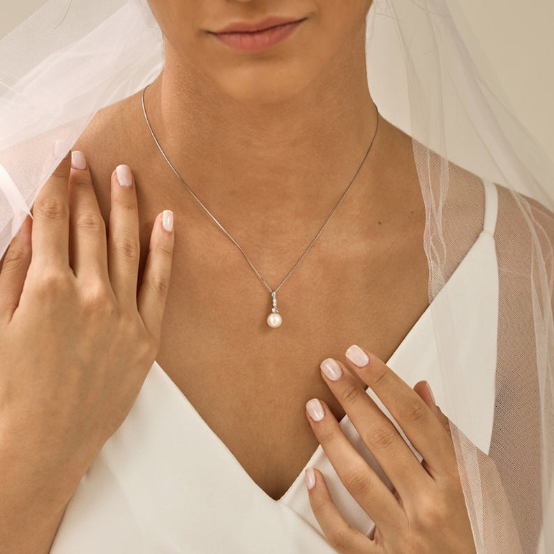 Zircon Pearl Pendant Stainless Steel Thin Chain Necklace