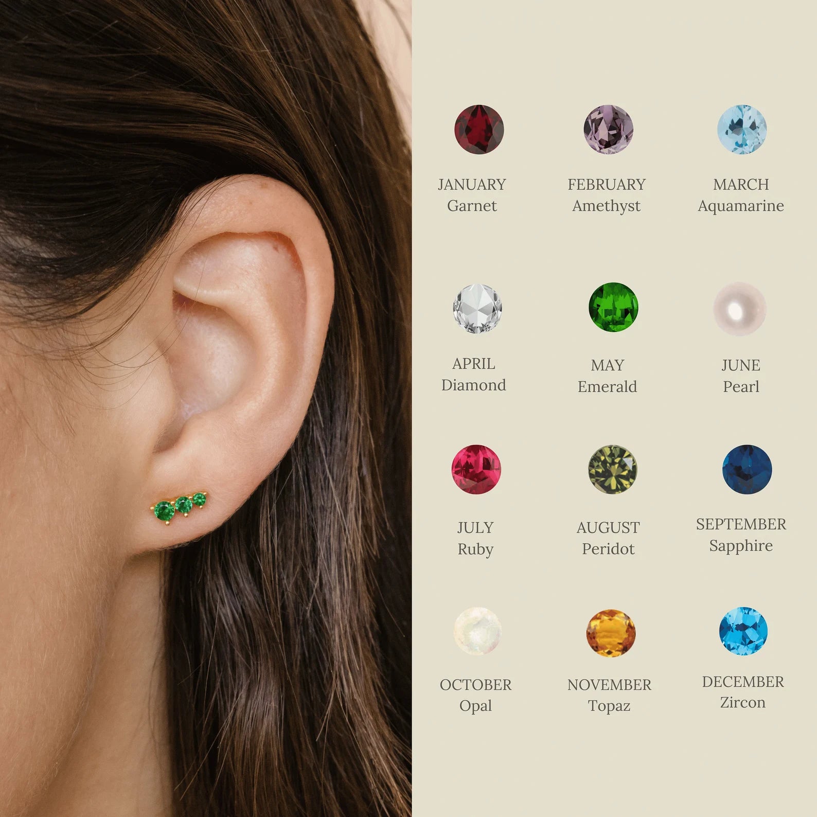 Triple Birthstone Studs