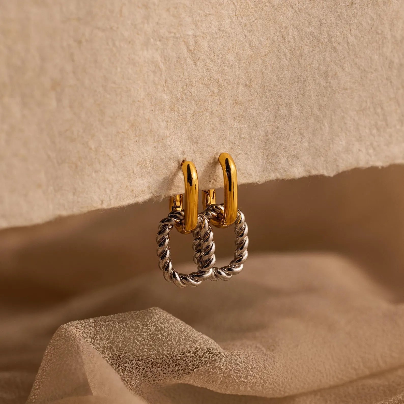 Two Tone Dangle Link Hoop Earrings