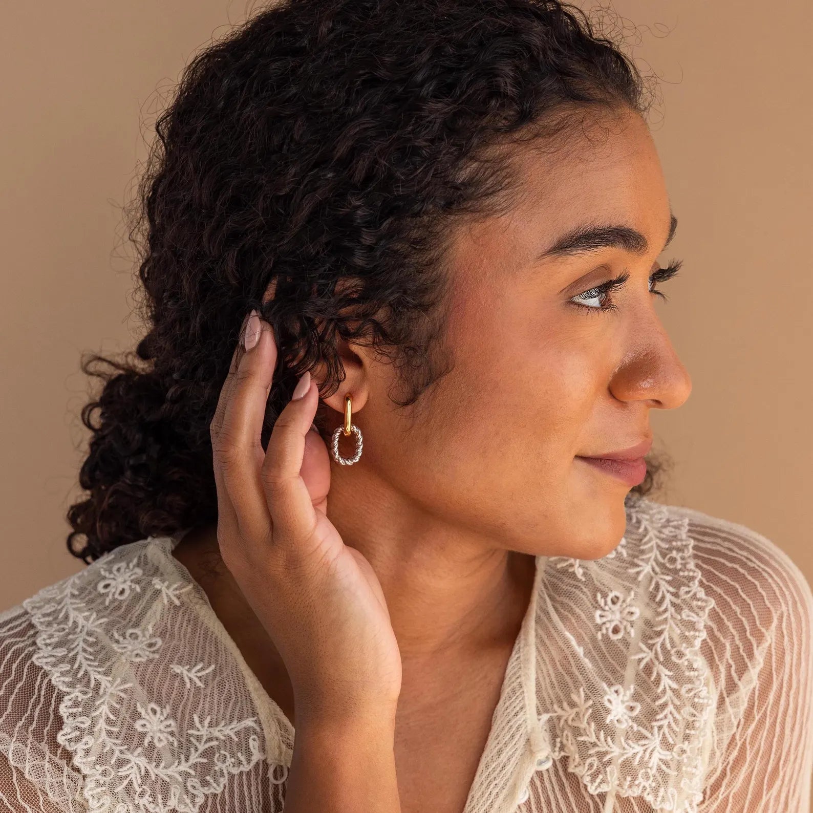 Two Tone Dangle Link Hoop Earrings