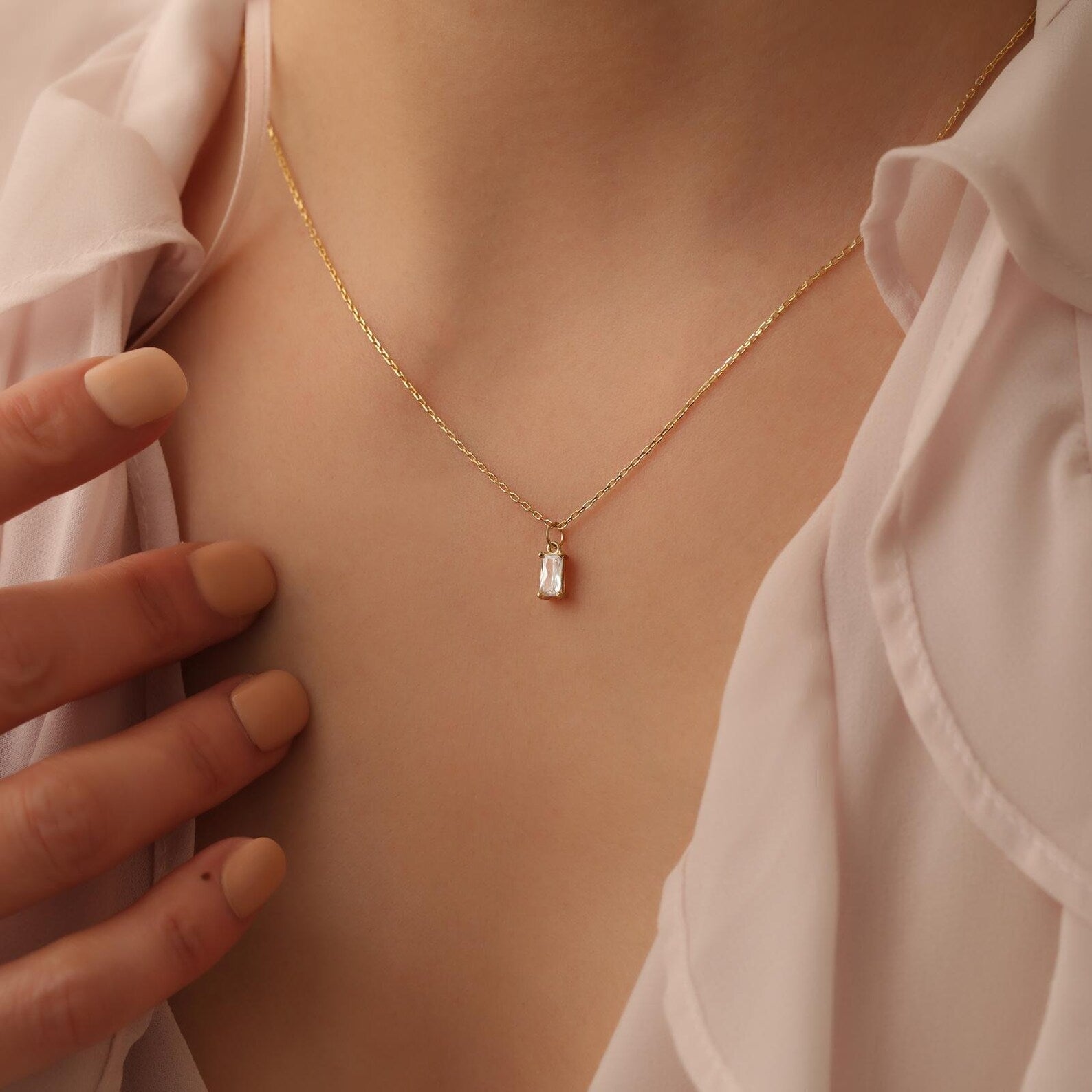 Emerald Cut Birthstone Necklace