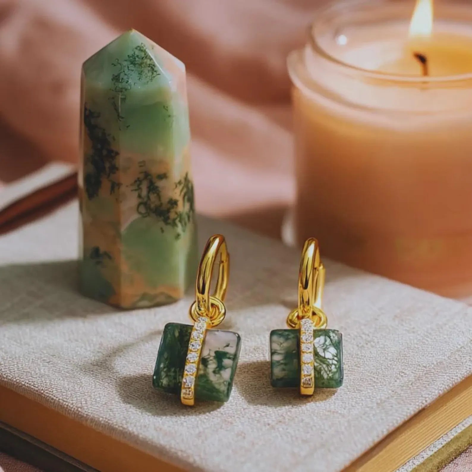 Green Moss Agate Earrings • Natural Square Stone