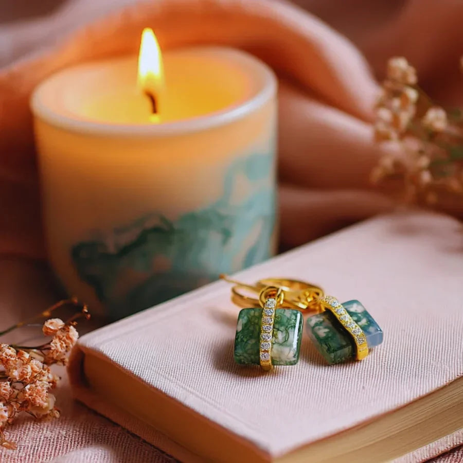 Green Moss Agate Earrings • Natural Square Stone