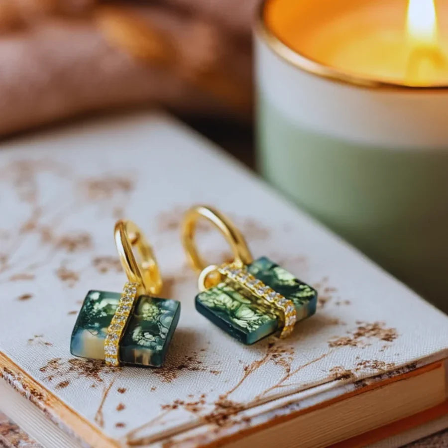 Green Moss Agate Earrings • Natural Square Stone
