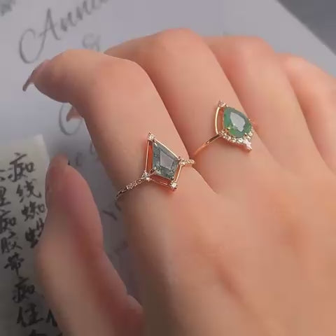 Vintage Kite Cut Green Moss Agate Engagement Ring